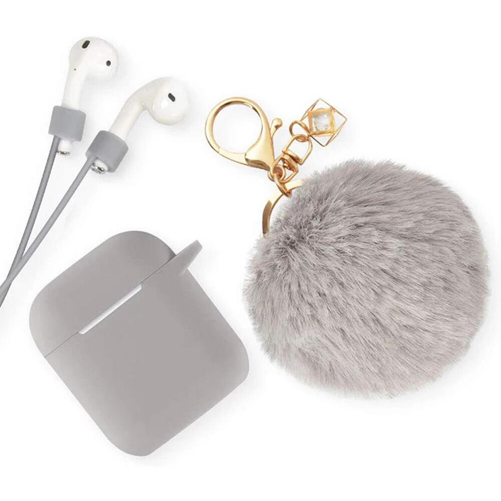 Gray Fur Pom Pom Apple AirPod Case 1/2 Silicone Shockproof Full Cover + Keychain